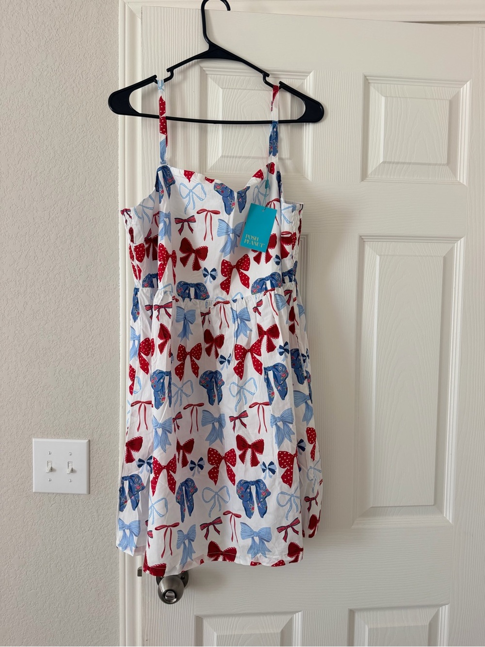 Posh Peanut White Sundress with Red & Blue Bow Print